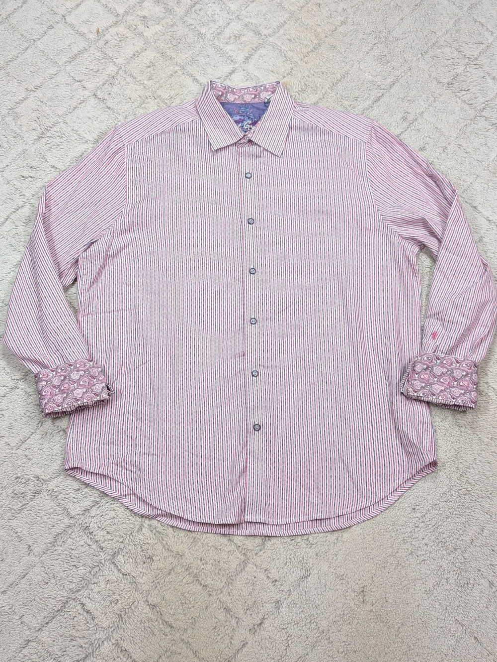 Robert Graham Shirt Mens L Pink Stripe Geometric Button Up Travel Casual Cotton